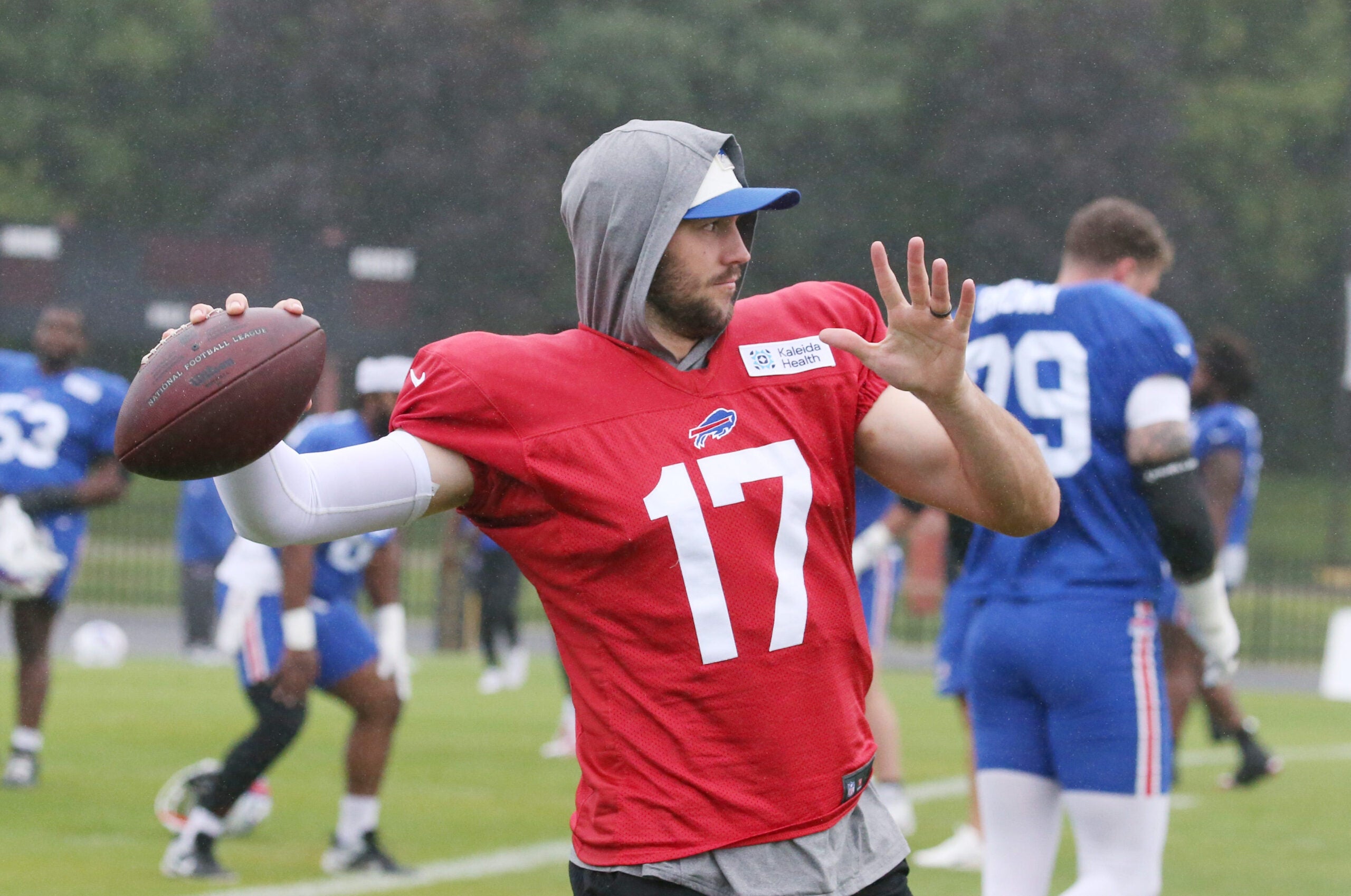 Bills quarterback Josh Allen throws on the sideline during day four of Buffalo Bills training camp at St. John Fisher University Monday, August 3, 2026 in Pittsford.