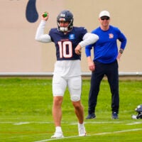 Aug 3, 2026; Englewood, CO, USA; Denver Broncos quarterback Bo Nix (10) warms up during training camp at Broncos Park.