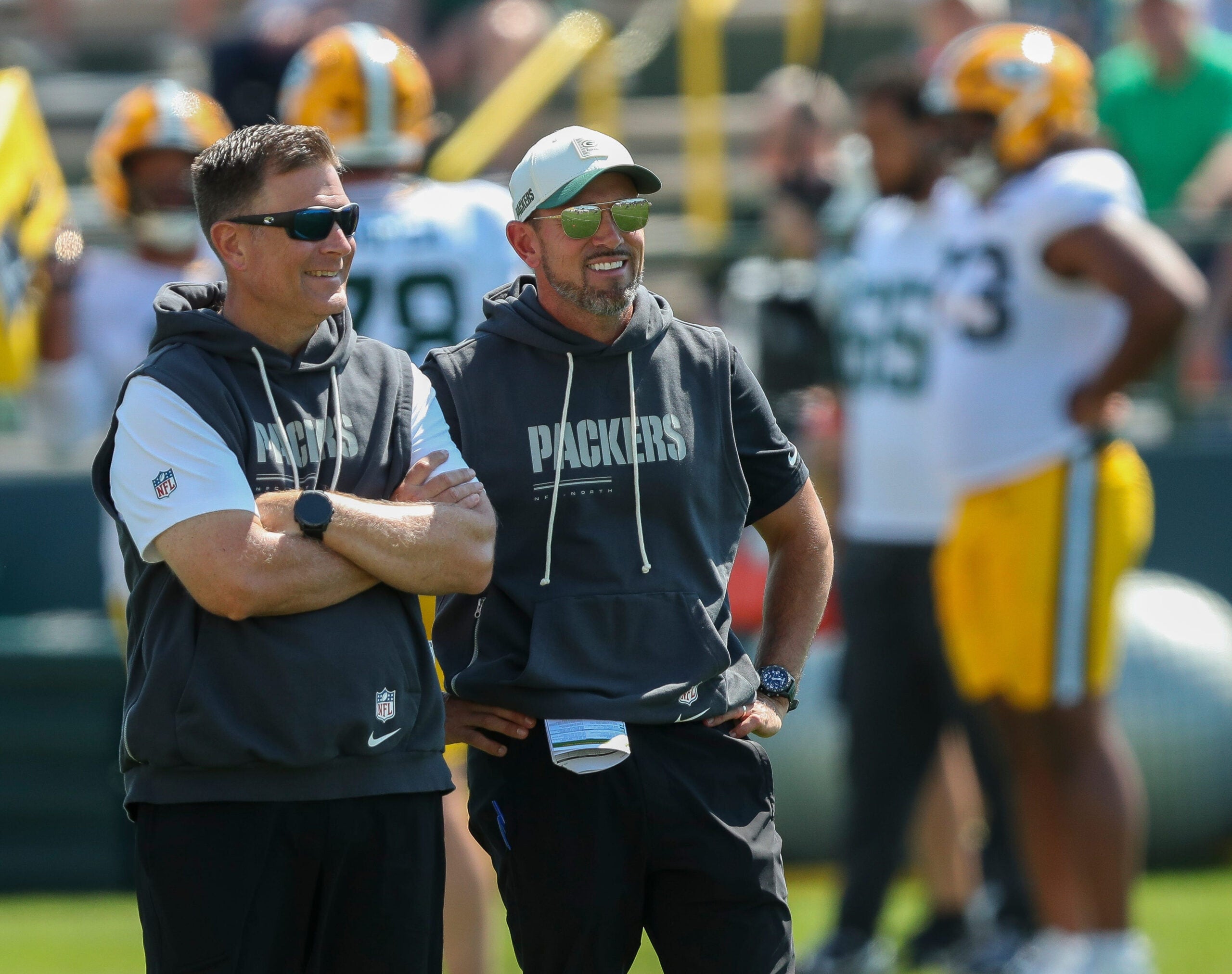 Green Bay Packers general manager Brian Gutekunst and head coach Matt LaFleur talk during practice on Monday, Aug. 3, 2026, at Ray Nitschke Field in Ashwaubenon, Wisconsin.