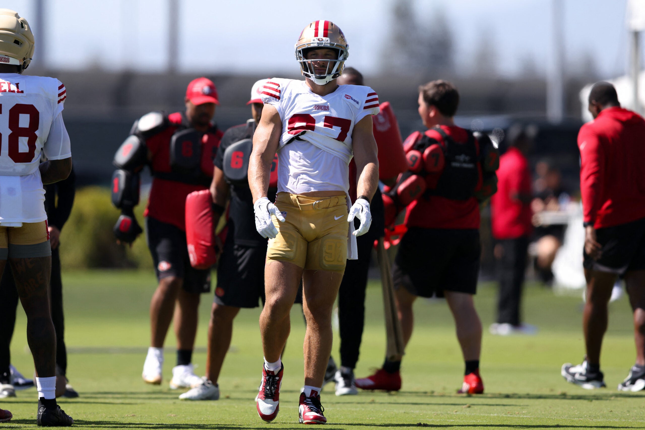 Aug 3, 2026; San Francisco, CA, USA; San Francisco 49ers defensive end Nick Bosa (97) during training camp at Levi's Stadium.