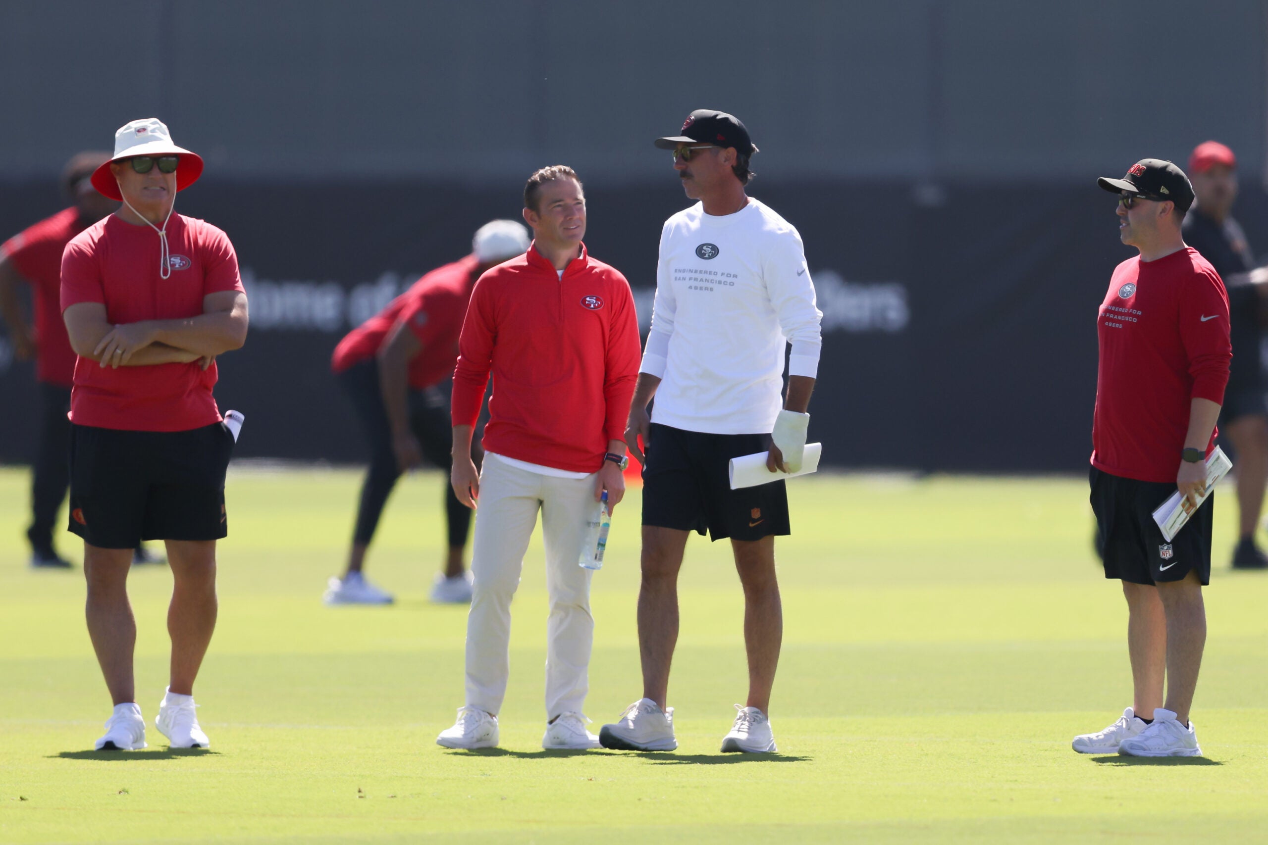Aug 3, 2026; San Francisco, CA, USA; San Francisco 49ers head coach Kyle Shanahan during training camp at Levi's Stadium.