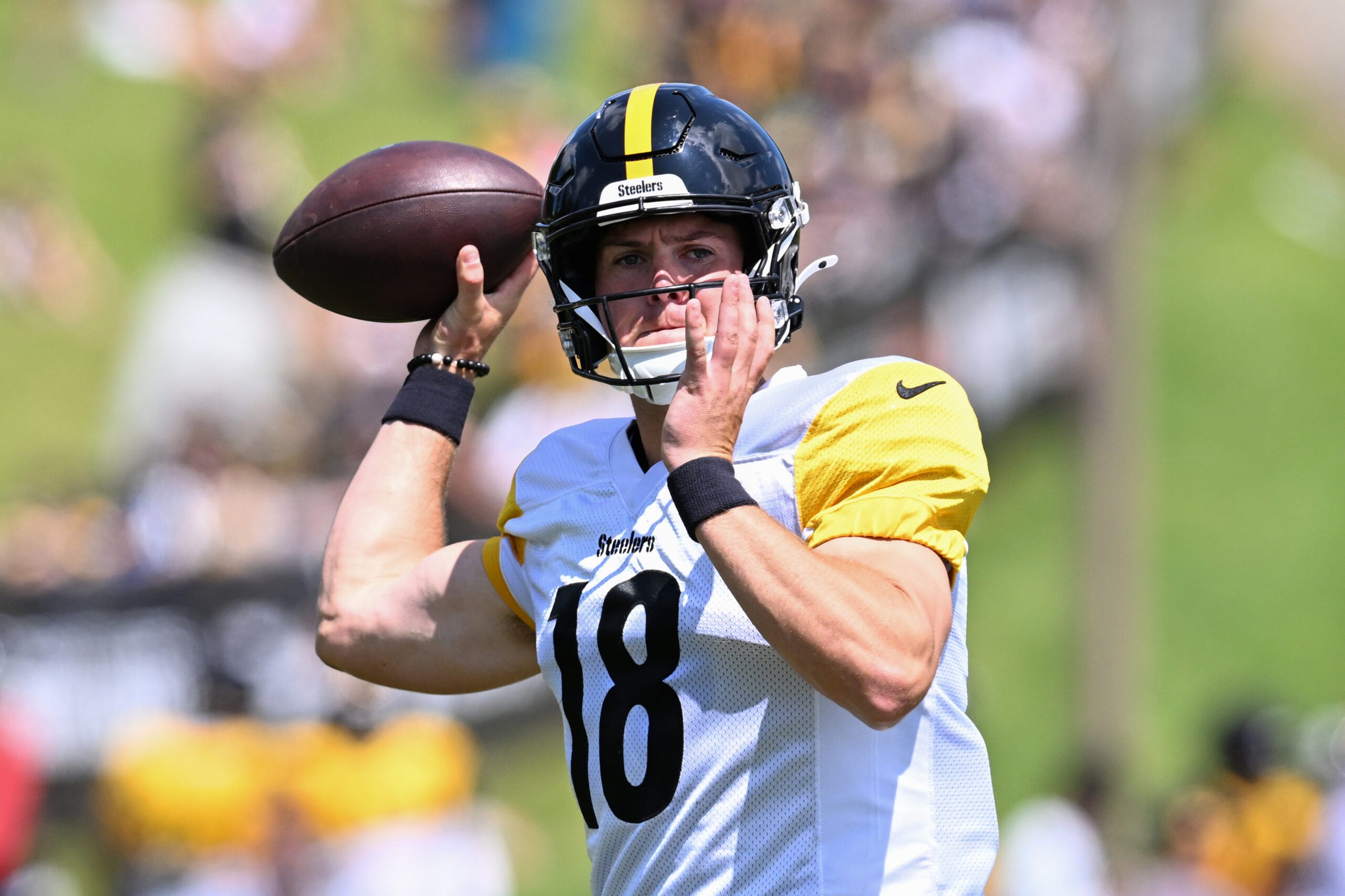 Aug 03, 2026; Latrobe, PA, USA; Pittsburgh Steelers quarterback Will Howard (18) throws a pass during a practice session at Training camp at Saint Vincent College.