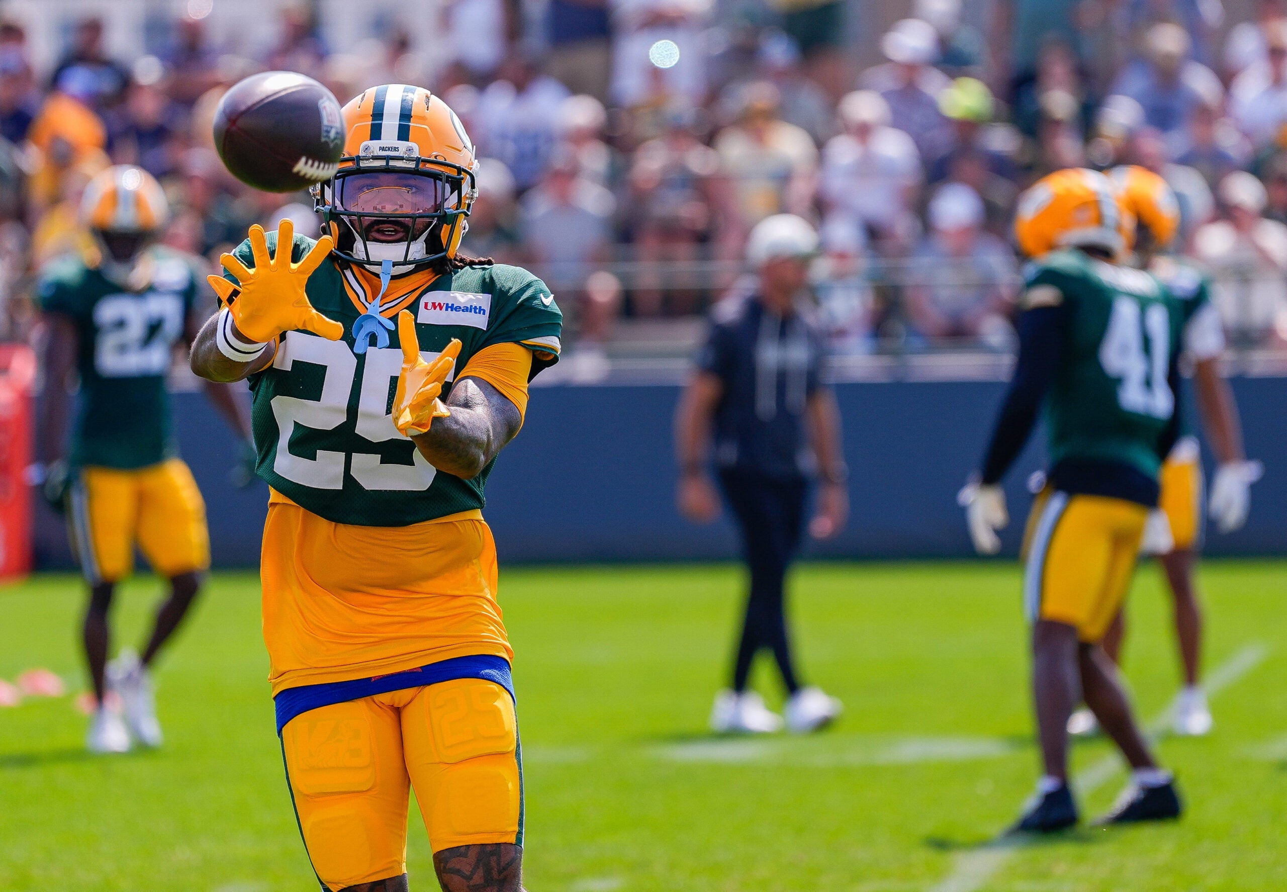 Green Bay Packers cornerback Keisean Nixon (25) runs through a drill during practice on Tuesday, Aug. 4, 2026, at Ray Nitschke Field in Ashwaubenon, Wisconsin.