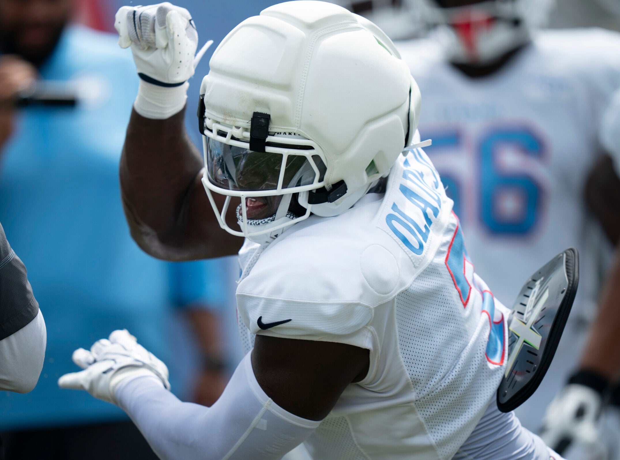 Femi Oladejo Tennessee Titans blue and white scrimmage