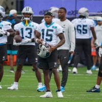 Aug 4, 2026; Charlotte, NC, USA; Carolina Panthers wide receiver Jimmy Horn Jr. (15) and receivers during training camp at Bank of America Stadium.