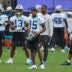 Aug 4, 2026; Charlotte, NC, USA; Carolina Panthers wide receiver Jimmy Horn Jr. (15) and receivers during training camp at Bank of America Stadium.