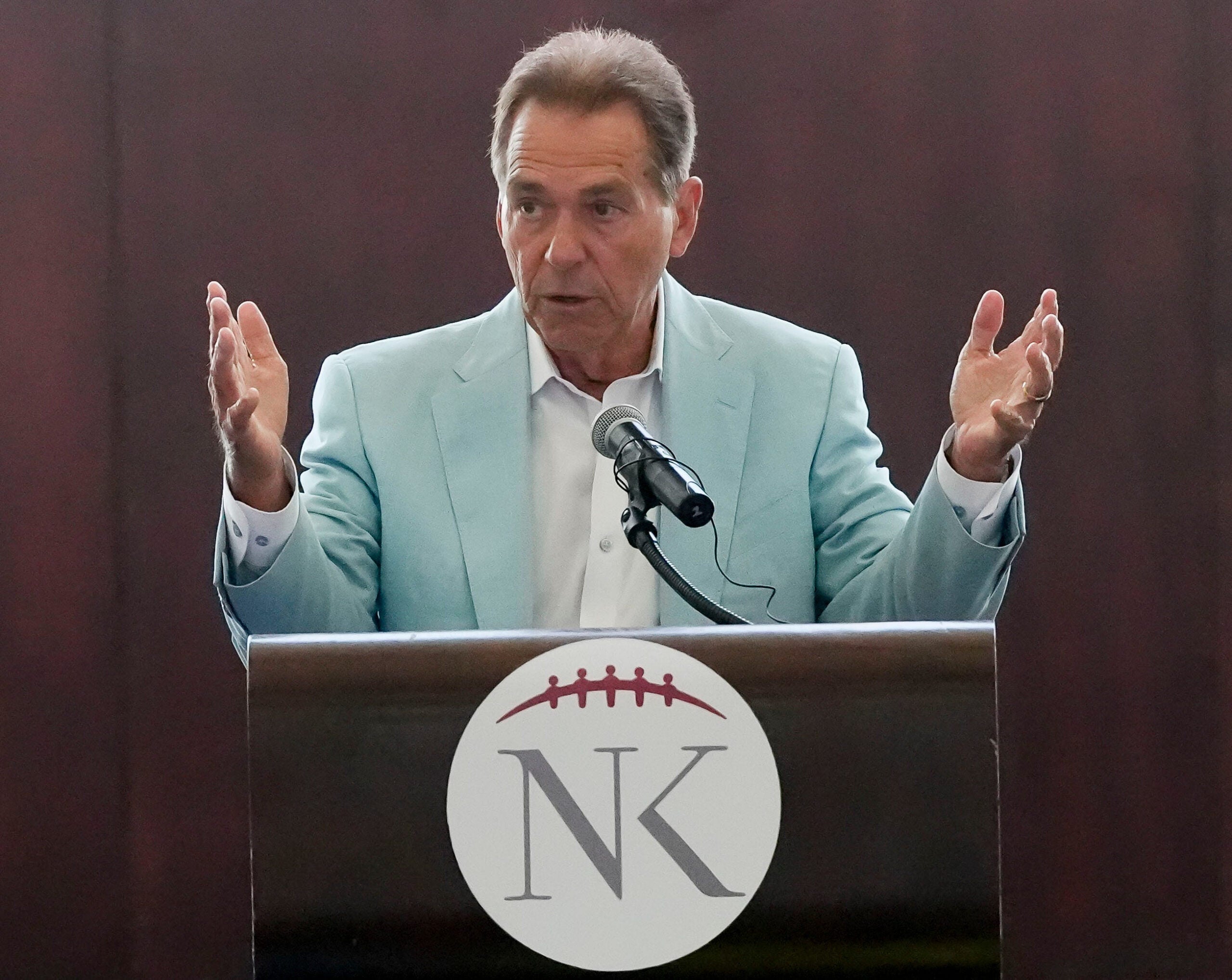 Aug. 4, 2026; Tuscaloosa, AL, USA; Nick Saban speaks at the North Zone in Bryant-Denny Stadium for the annual Nicks Kids Luncheon. More than $775,000 was given to a variety of organizations during the event. Saban said this day is always his favorite day of the year.