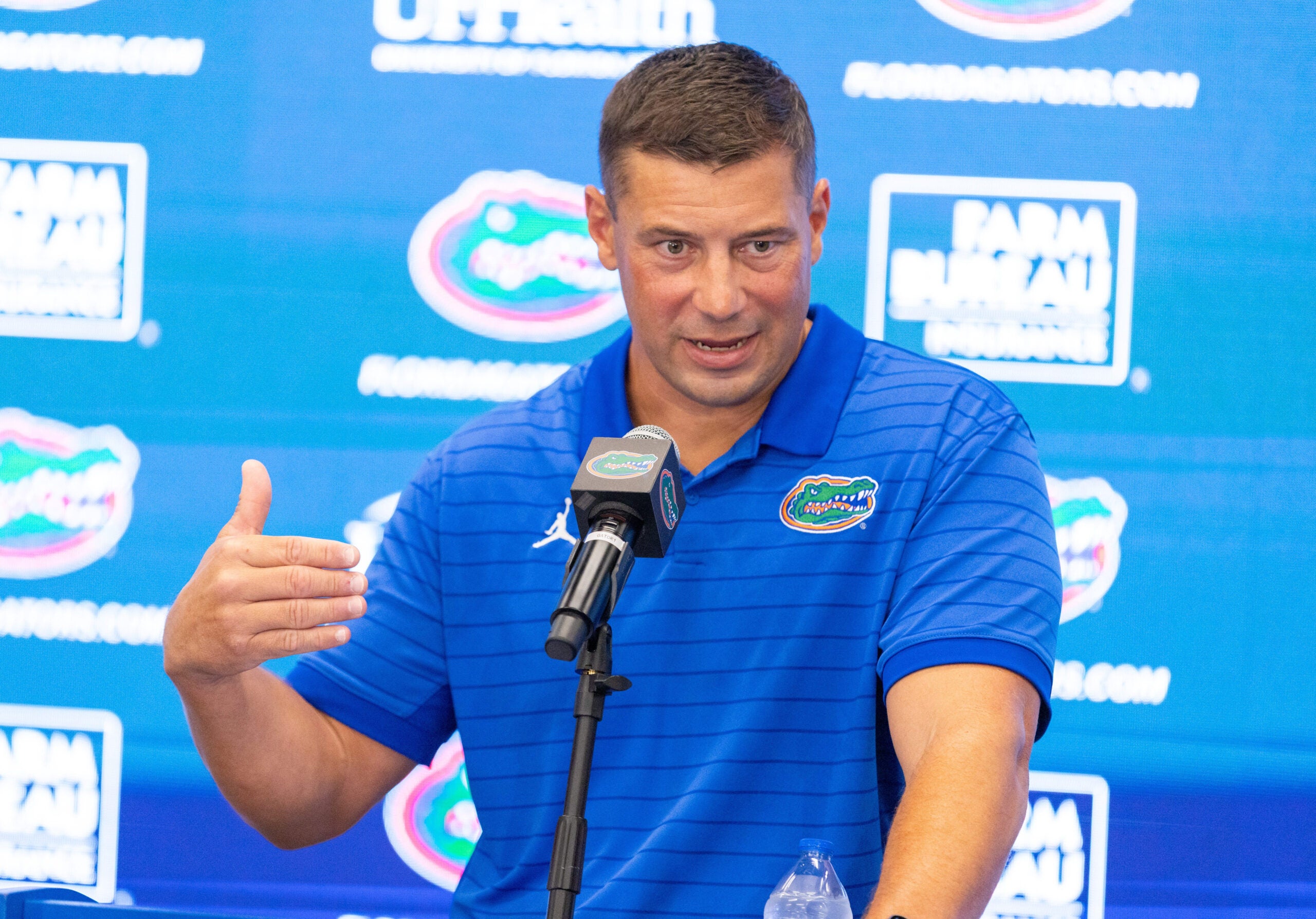 Florida Head Coach Jon Sumrall speaks during Florida Football Fall camp availability at Heavener Football Training Center in Gainesville, FL on Tuesday, August 4, 2026.