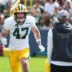 Green Bay Packers tight end McCallan Castles (47) participates in a drill during the sixth day of training camp on Aug. 4, 2026, at Ray Nitschke Field in Ashwaubenon, Wis.