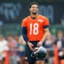 Aug 5, 2026; Lake Forest, IL, USA; Chicago Bears quarterback Caleb Williams (18) stands on the field during training camp at Halas Hall.