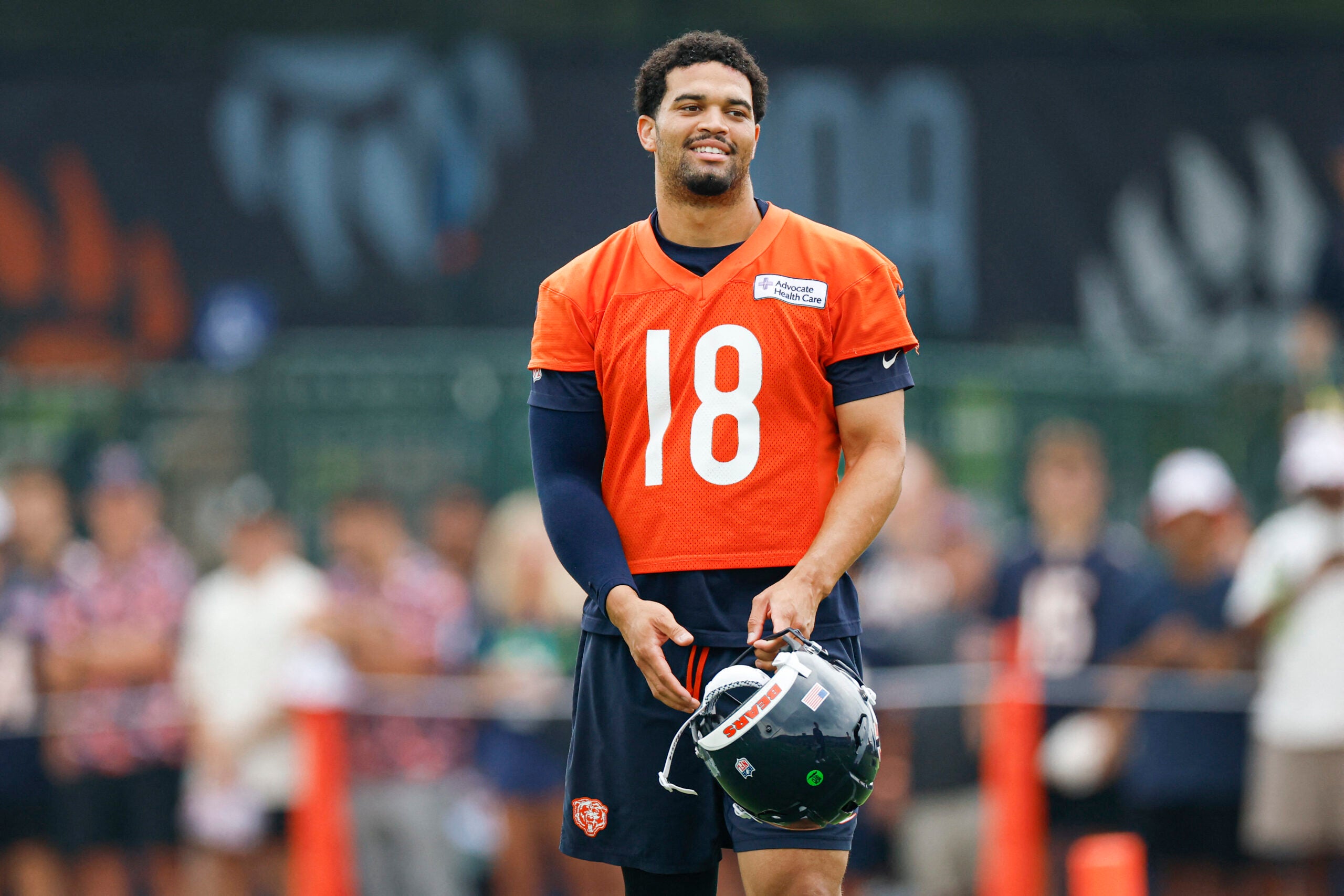 Aug 5, 2026; Lake Forest, IL, USA; Chicago Bears quarterback Caleb Williams (18) stands on the field during training camp at Halas Hall.