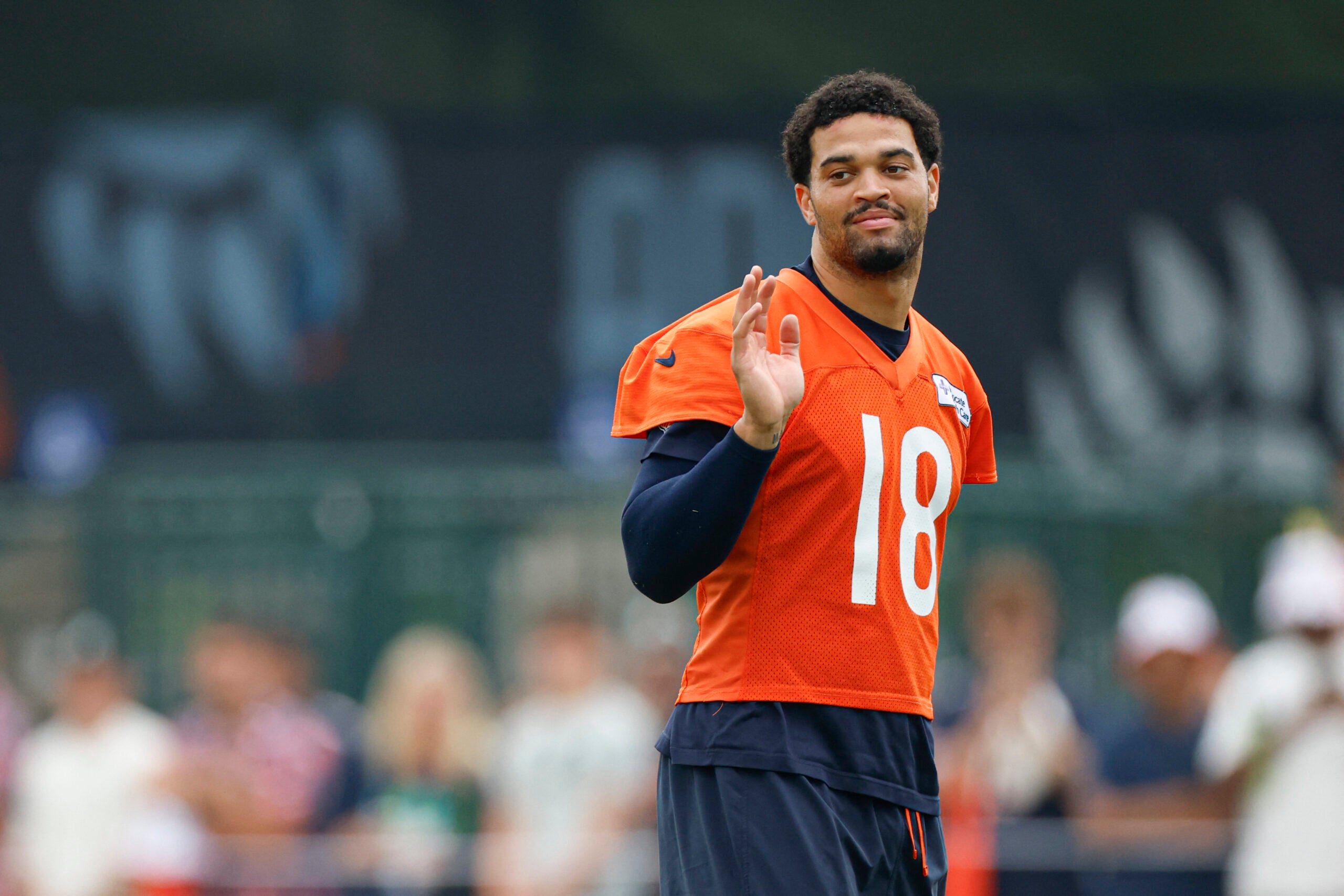 Aug 5, 2026; Lake Forest, IL, USA; Chicago Bears quarterback Caleb Williams (18) stands on the field during training camp at Halas Hall.