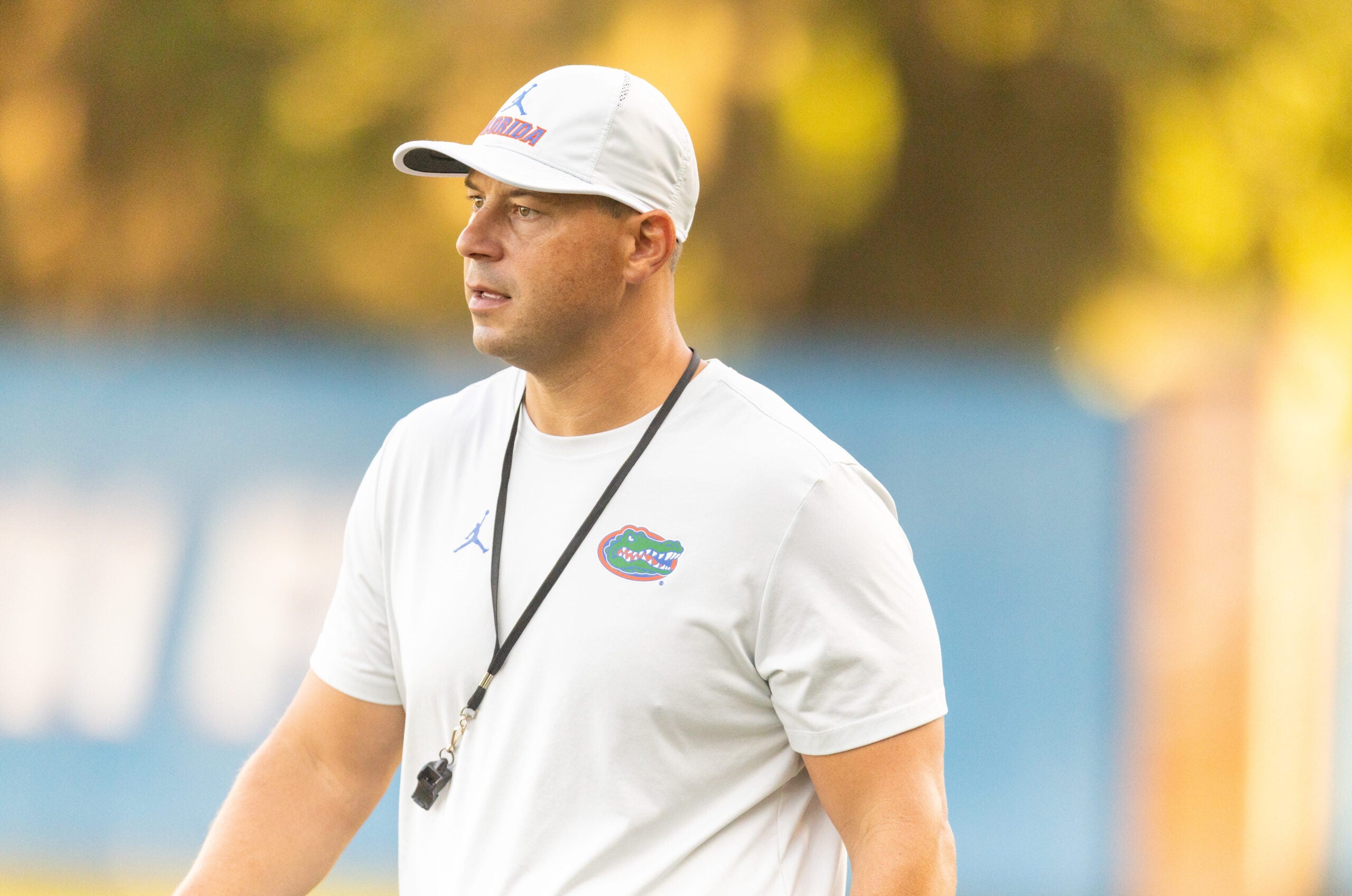 Florida head coach Jon Sumrall watches practice during Florida Football Fall camp availability at Heavener Football Training Center in Gainesville, FL on Wednesday, August 5, 2026.
