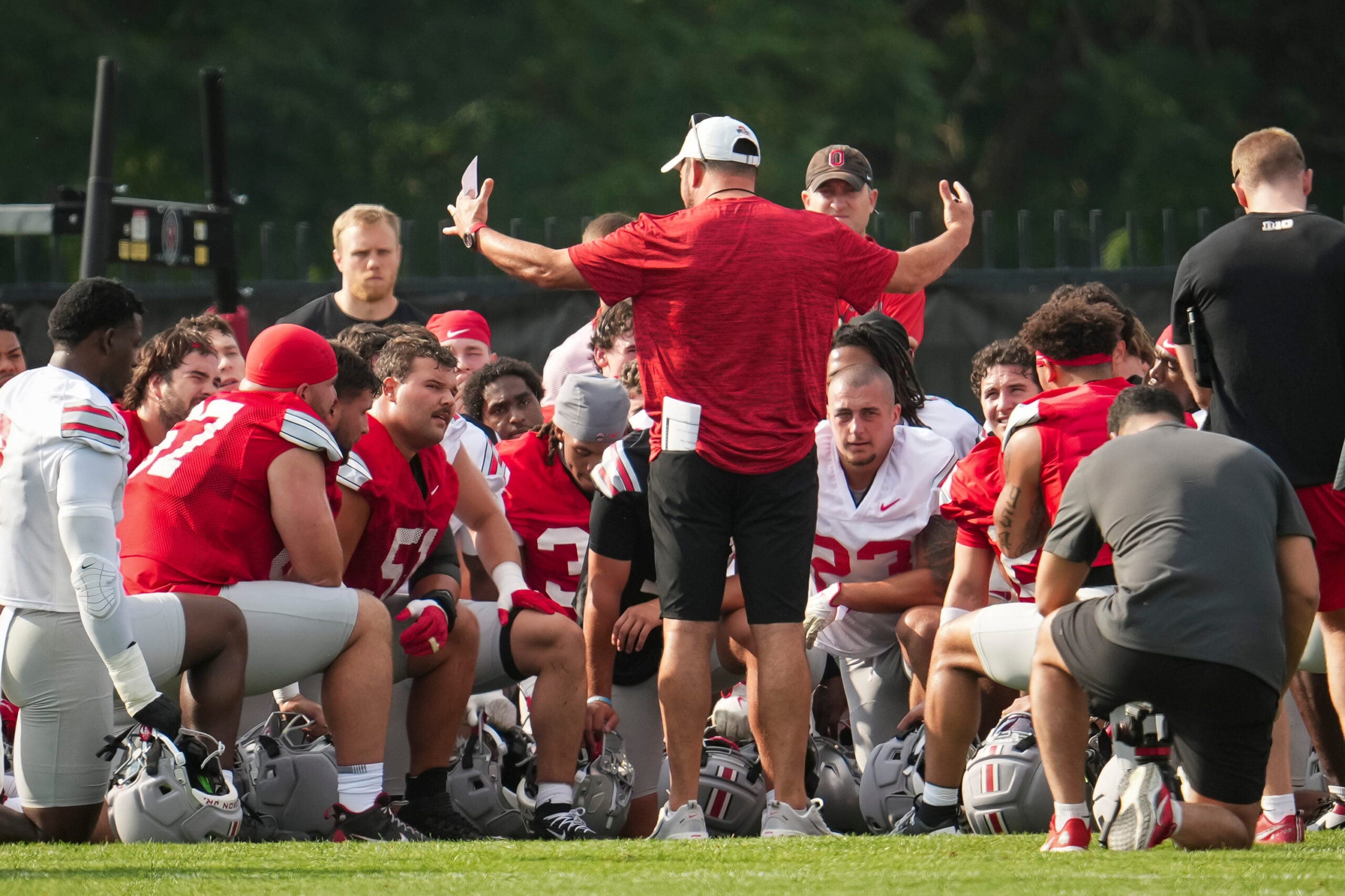 Ohio State Buckeyes head coach Ryan Day addresses his team during the first practice of training camp at the Woody Hayes Athletic Center on Aug. 6, 2026.