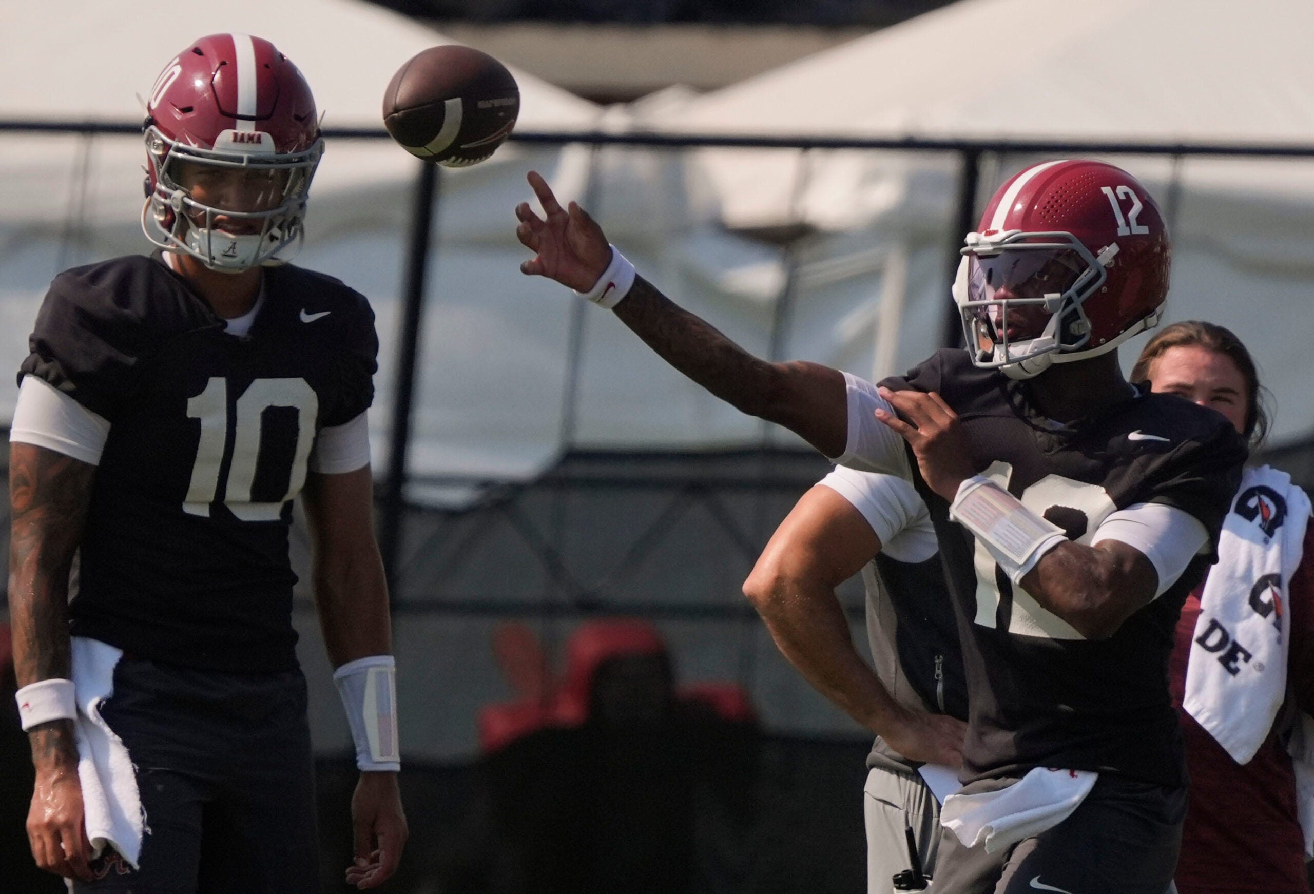 Aug. 6, 2026; Tuscaloosa, AL, USA; Quarterback Keelon Russell throws a pass during the Alabama Crimson Tide's first open practice session