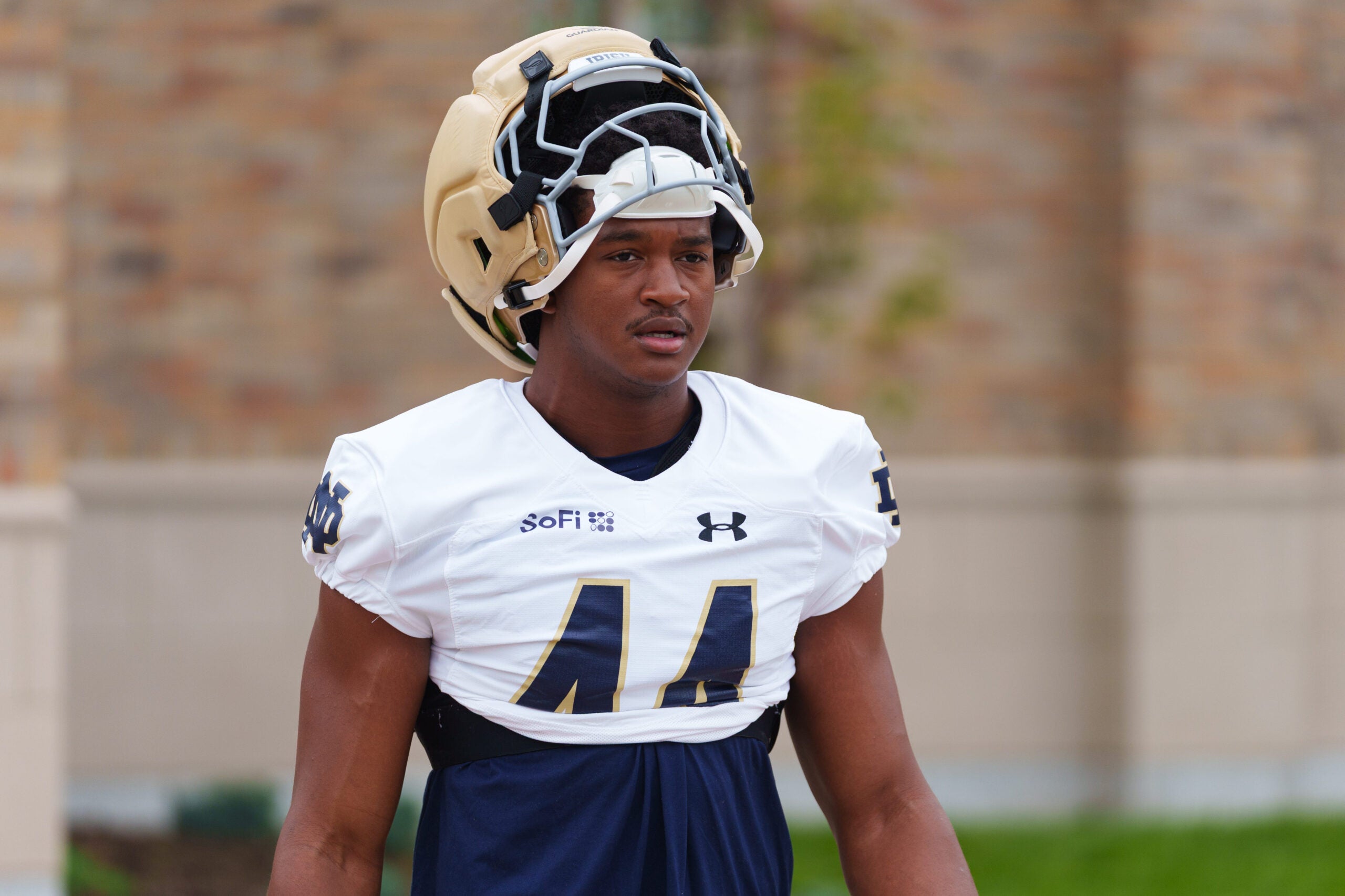 Defensive lineman Rodney Dunham walks to a Notre Dame football practice at Irish Athletic Center on Thursday, Aug. 6, 2026, in South Bend.