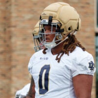 Defensive lineman Tionne Gray during a Notre Dame football practice at Irish Athletic Center on Thursday, Aug. 6, 2026, in South Bend.