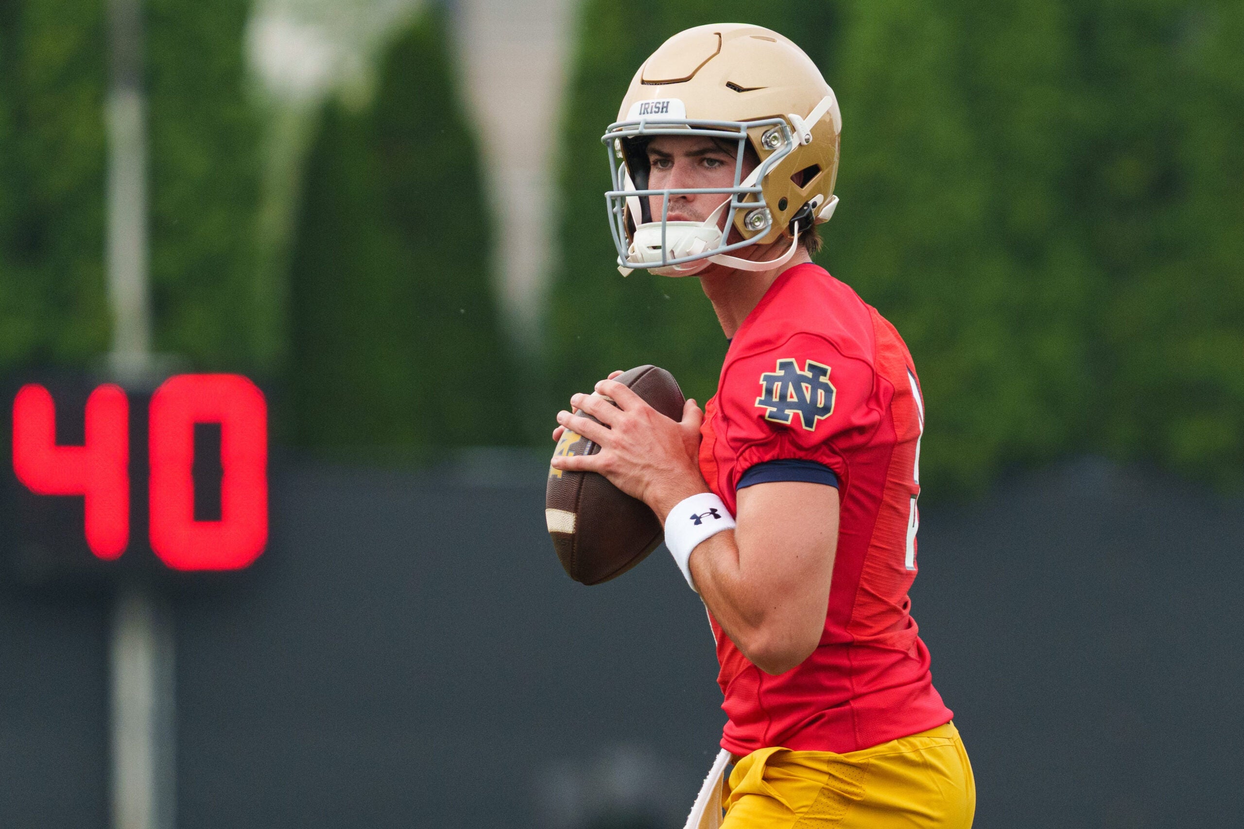 Quarterback Teddy Jarrard during a Notre Dame football practice at Irish Athletic Center on Thursday, Aug. 6, 2026, in South Bend.