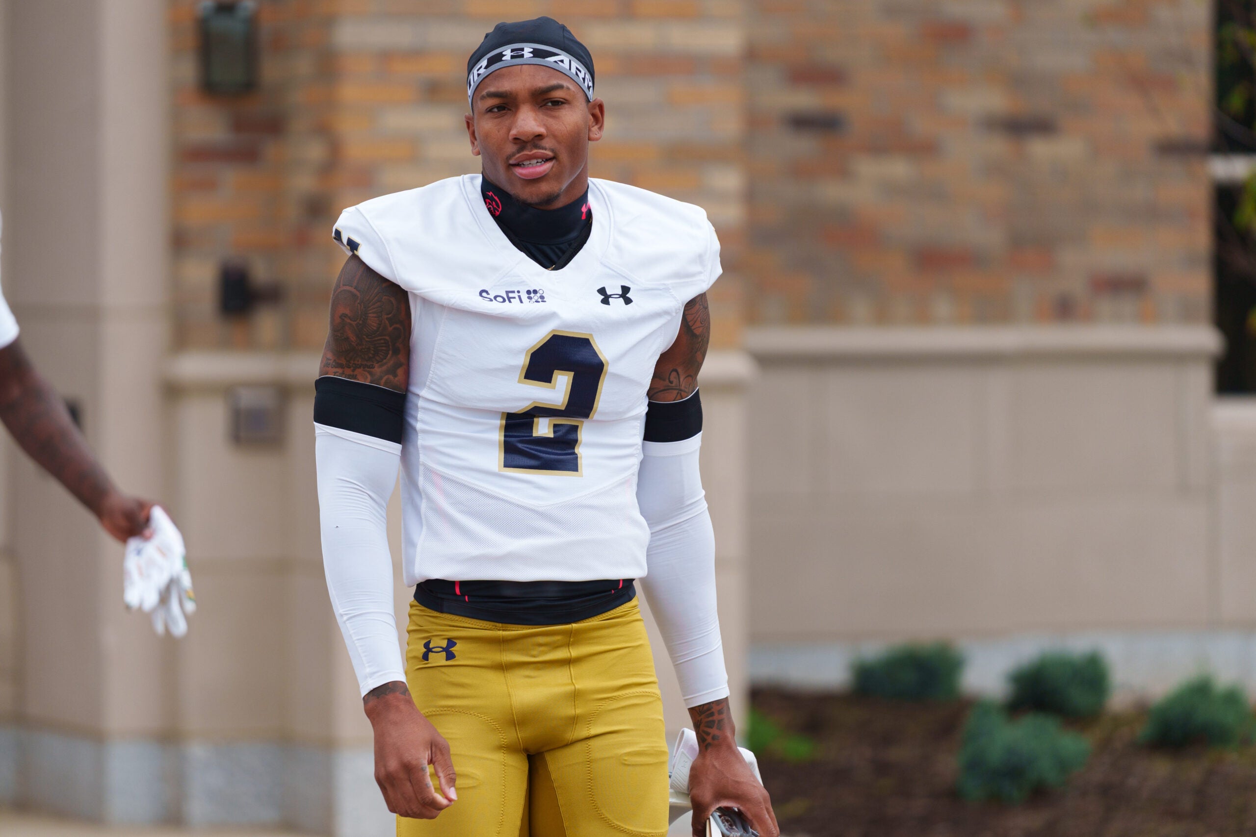 Cornerback DJ McKinney walks to a Notre Dame football practice at Irish Athletic Center on Thursday, Aug. 6, 2026, in South Bend.