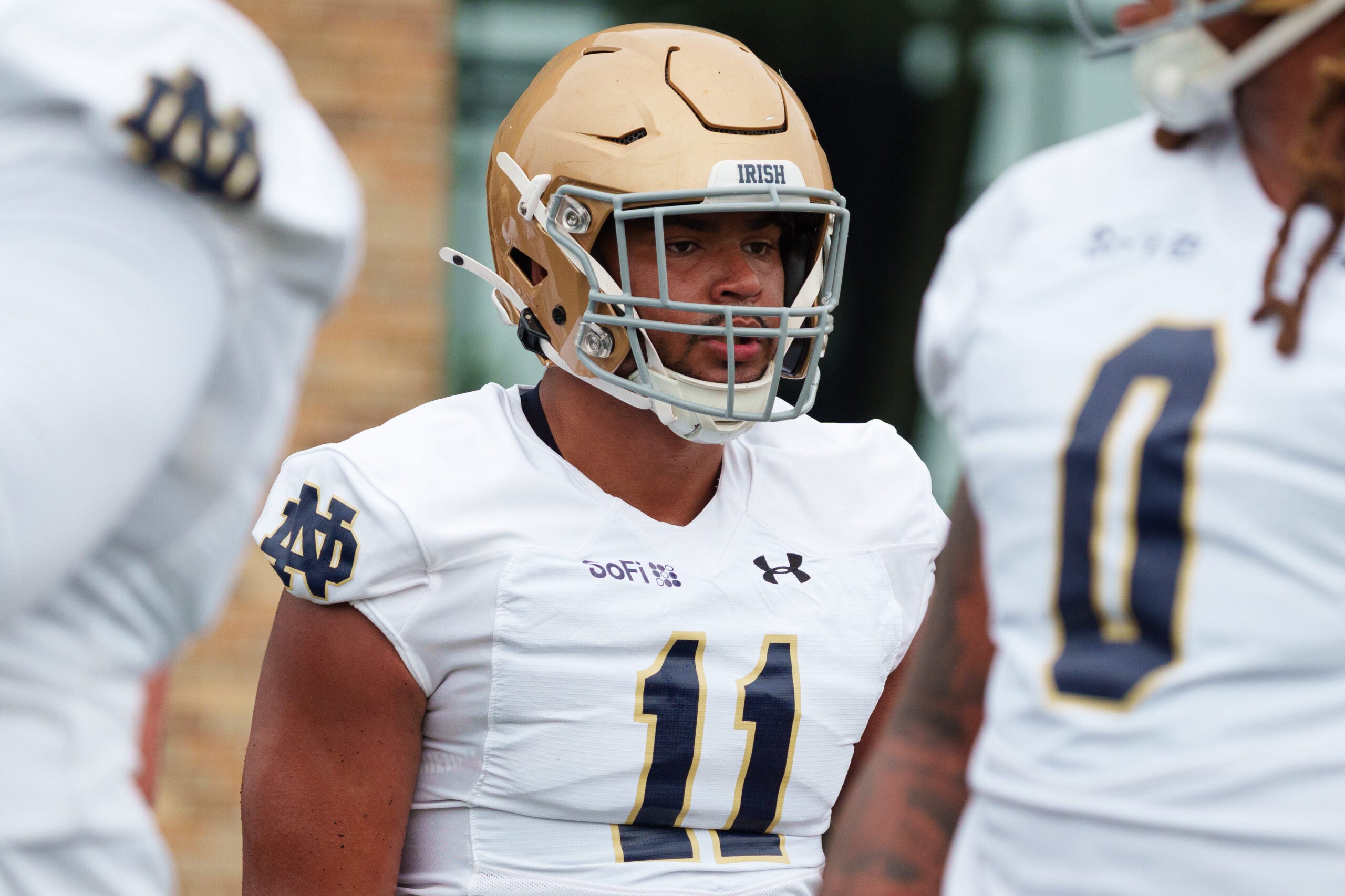 Defensive lineman Keon Keeley (11) during a Notre Dame football practice at Irish Athletic Center on Thursday, Aug. 6, 2026, in South Bend.