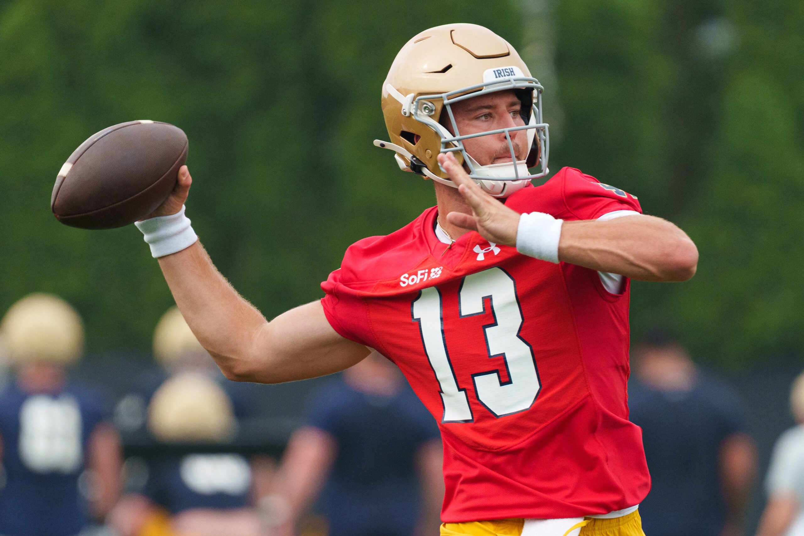 Quarterback CJ Carr during a Notre Dame football practice at Irish Athletic Center on Thursday, Aug. 6, 2026, in South Bend.