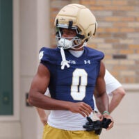 Wide receiver Quincy Porter walks to a Notre Dame football practice at Irish Athletic Center on Thursday, Aug. 6, 2026, in South Bend.