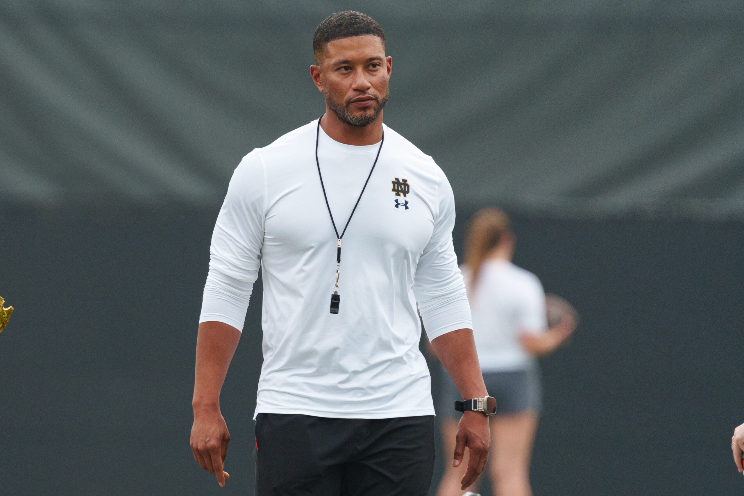 Head coach Marcus Freeman during a Notre Dame football practice at Irish Athletic Center on Thursday, Aug. 6, 2026, in South Bend.
