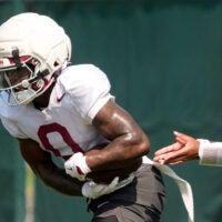Aug. 7, 2026; Tuscaloosa, AL, USA; Running back AK Dear takes a handoff during practice for the Alabama Crimson Tide.