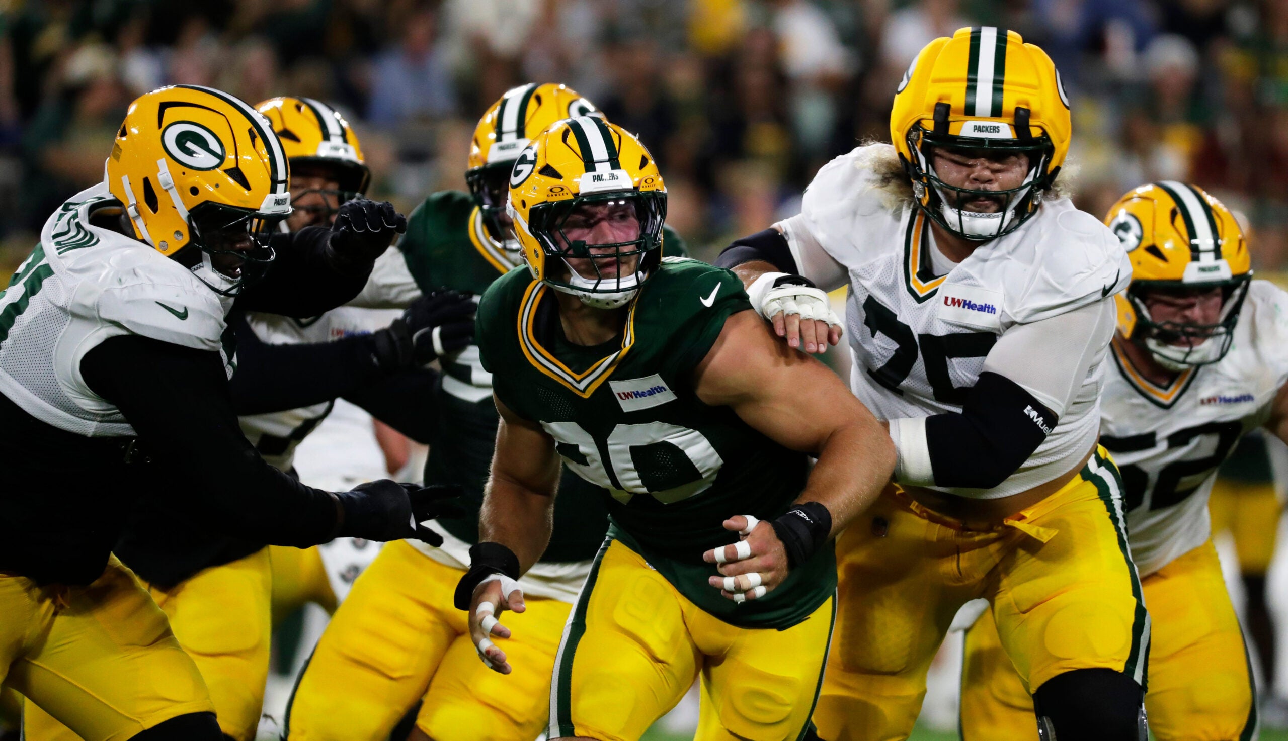 Green Bay Packers defensive end Lukas Van Ness (90) during Green Bay Packers Family Night on Aug. 7, 2026, at Lambeau Field in Green Bay, Wis.