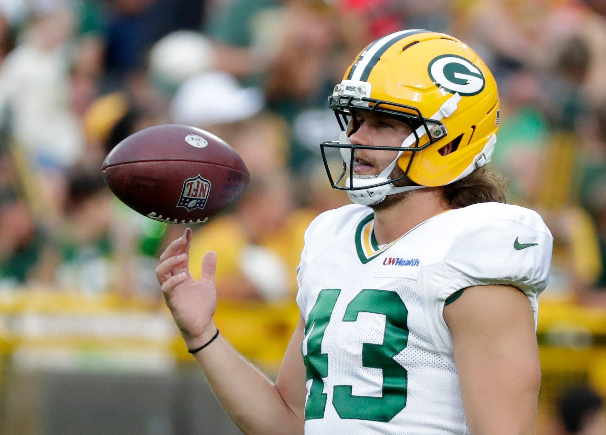 Green Bay Packers long snapper Cal Adomitis (43) during Green Bay Packers Family Night on Aug. 7, 2026, at Lambeau Field in Green Bay, Wis.