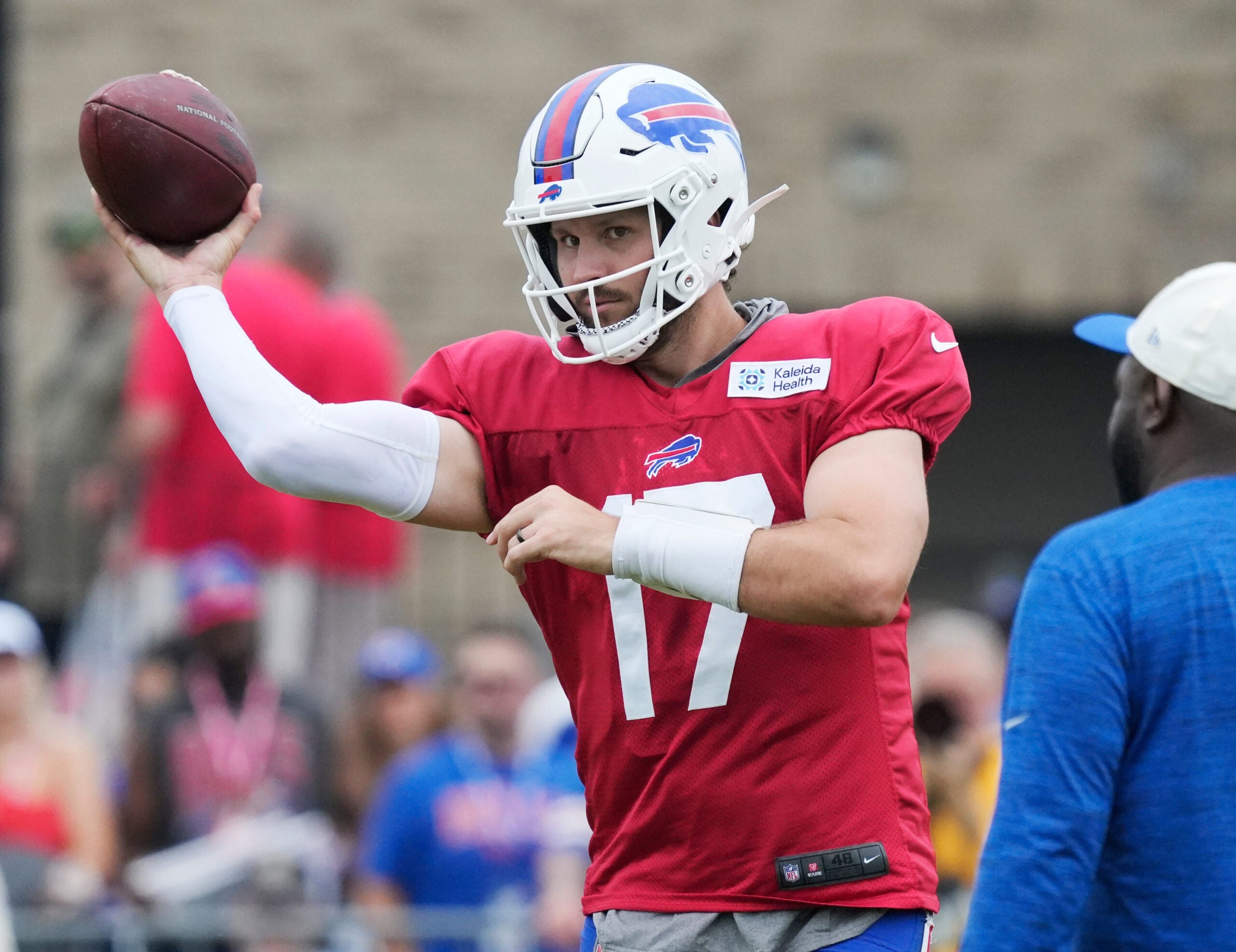 Bills quarterback Josh Allen throws during position drills during the final day of Buffalo Bills training camp at St. John Fisher University Friday, August 7, 2026 in Pittsford.