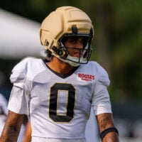 Aug 08, 2026; Metairie, LA, USA; New Orleans Saints wide receiver Jordyn Tyson (0) during training camp at Ochsner Sports Performance Center.