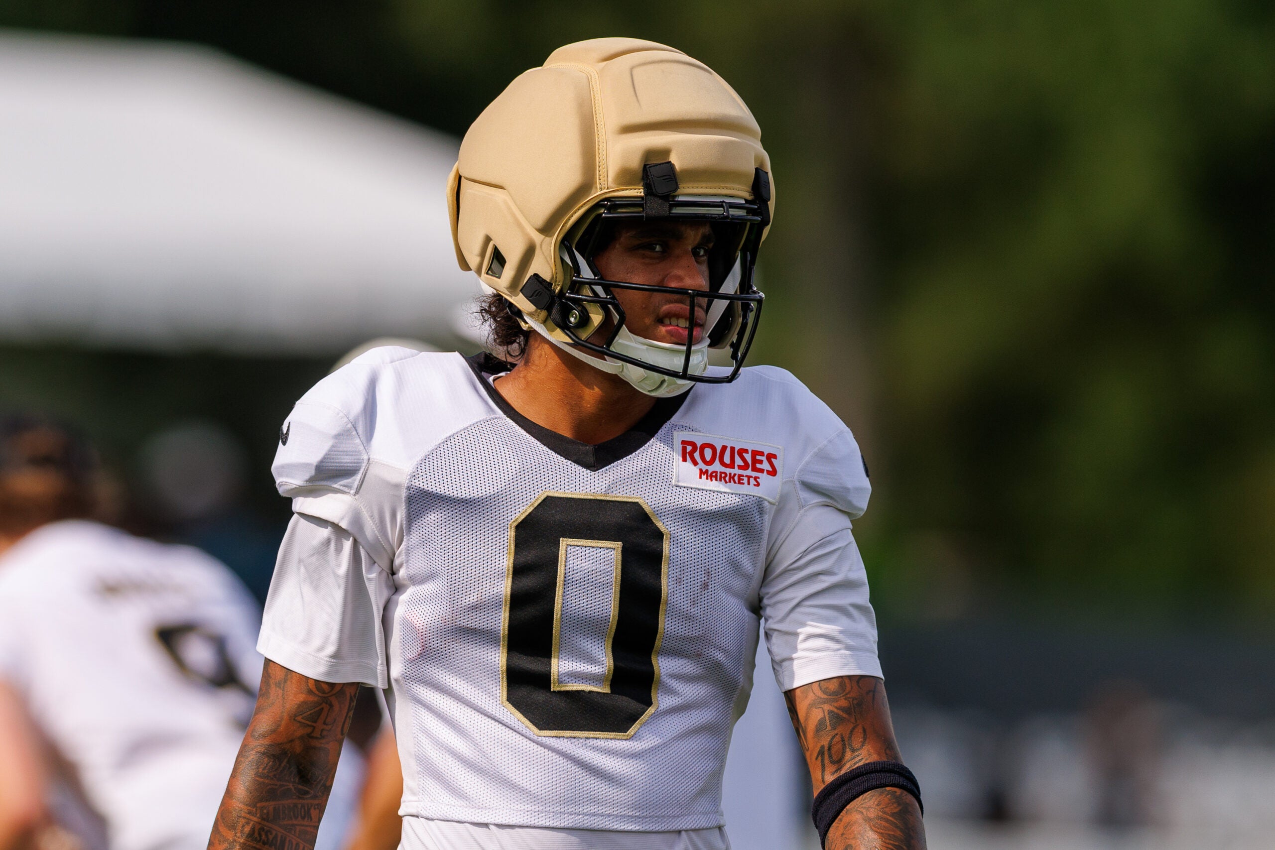 Aug 08, 2026; Metairie, LA, USA; New Orleans Saints wide receiver Jordyn Tyson (0) during training camp at Ochsner Sports Performance Center.