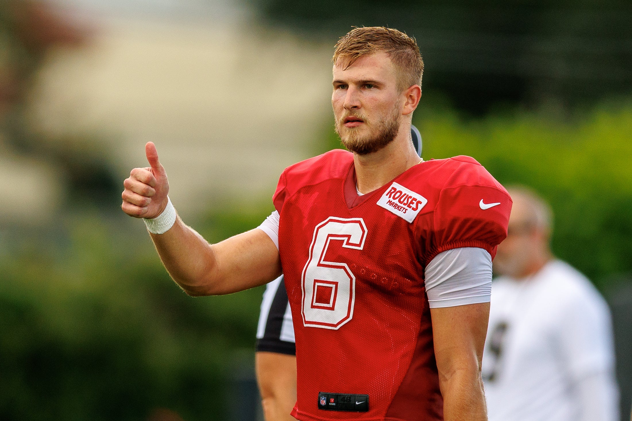 Aug 08, 2026; Metairie, LA, USA; New Orleans Saints quarterback Tyler Shough (6) during training camp at Ochsner Sports Performance Center.