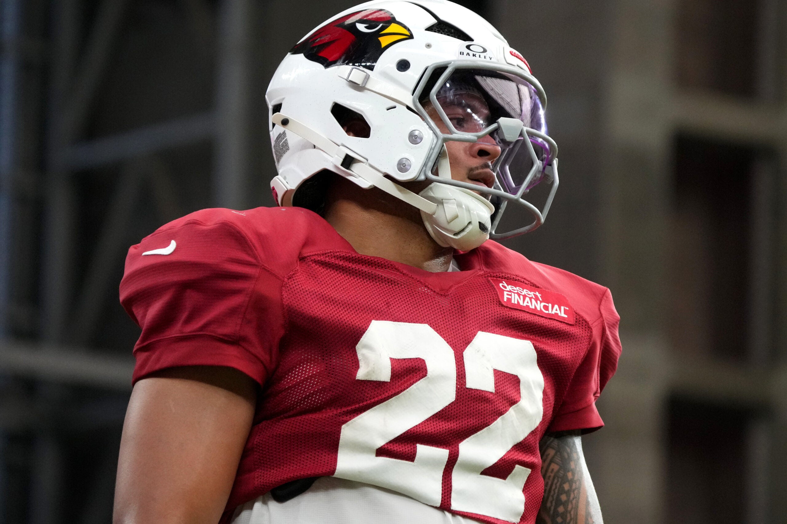 Arizona Cardinals running back Tyler Allgeier (22) works out during training camp at State Farm Stadium in Glendale on Aug 2, 2026. Arizona Cardinals running back Tyler Allgeier (22) works out during training camp at State Farm Stadium in Glendale on Aug 2, 2026.