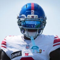New York Giants cornerback Deonte Banks (2) looks on while training at Quest Diagnostics Training Center, Aug 10, 2026, East Rutherford, NJ, USA.