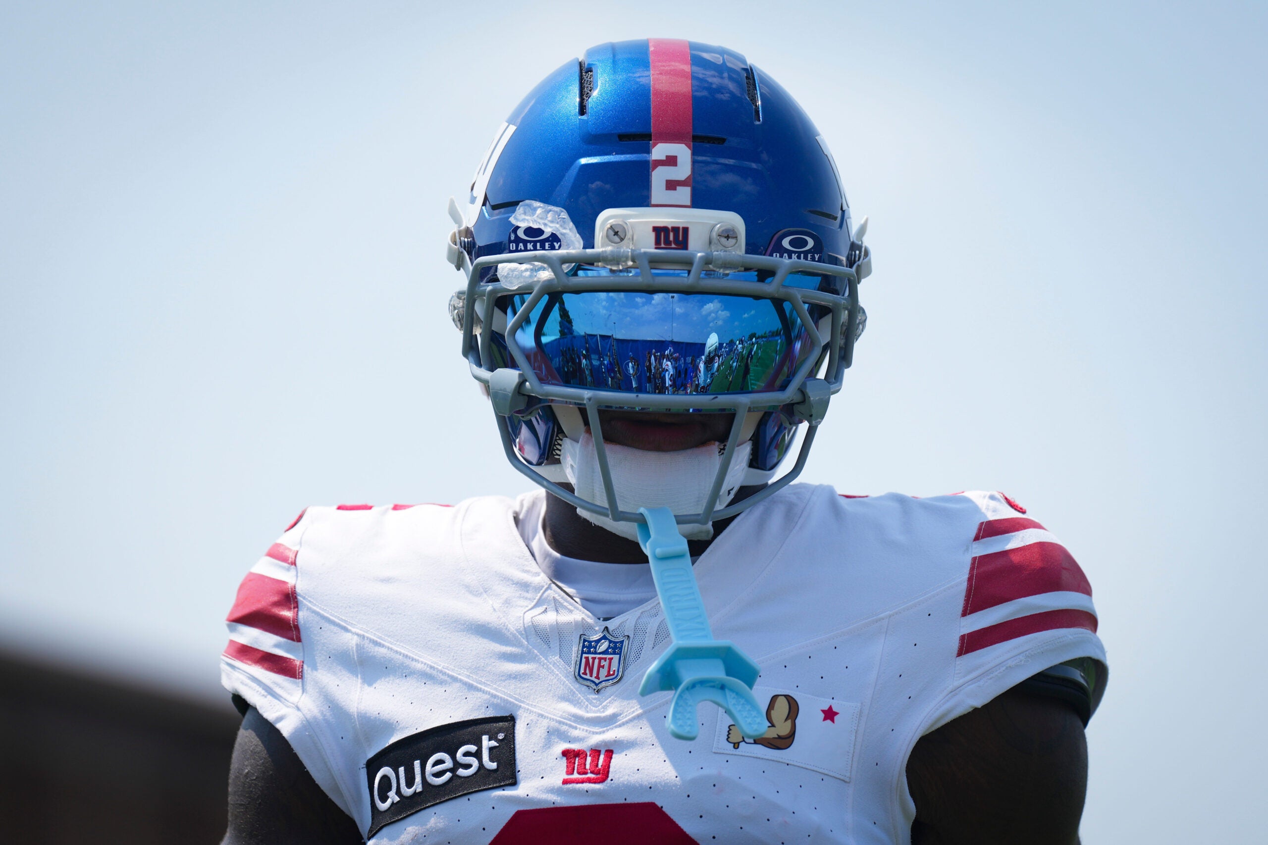 New York Giants cornerback Deonte Banks (2) looks on while training at Quest Diagnostics Training Center, Aug 10, 2026, East Rutherford, NJ, USA.