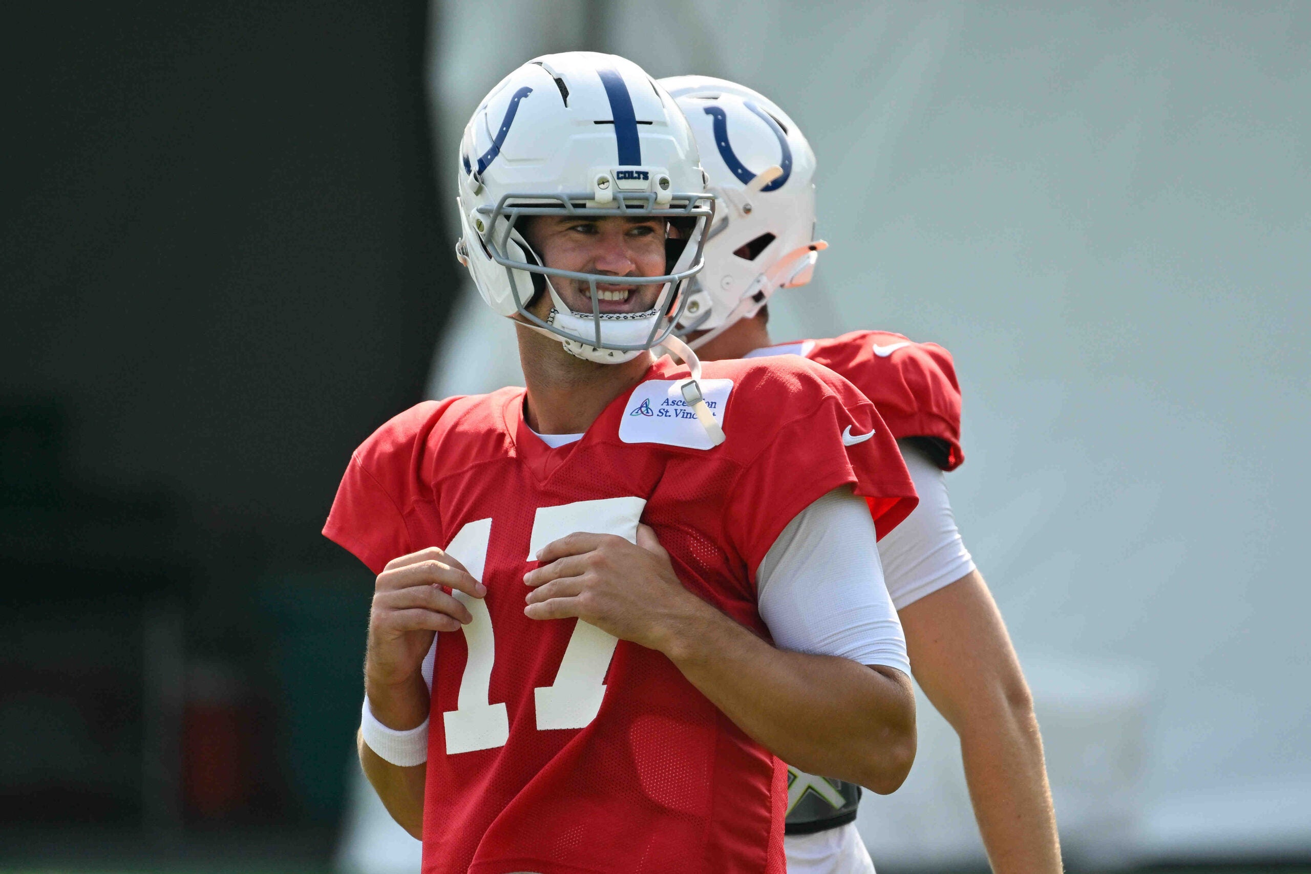 Aug 11, 2026; Foxborough, MA, USA; Indianapolis Colts quarterback Daniel Jones (17) looks on during training camp at Gillette Stadium.
