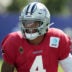 Aug 11, 2026; Woodland Hills, CA, USA; Dallas Cowboys quarterback Dak Prescott (4) reacts during a joint practice against the Los Angeles Rams at the Rams Practice Facility.