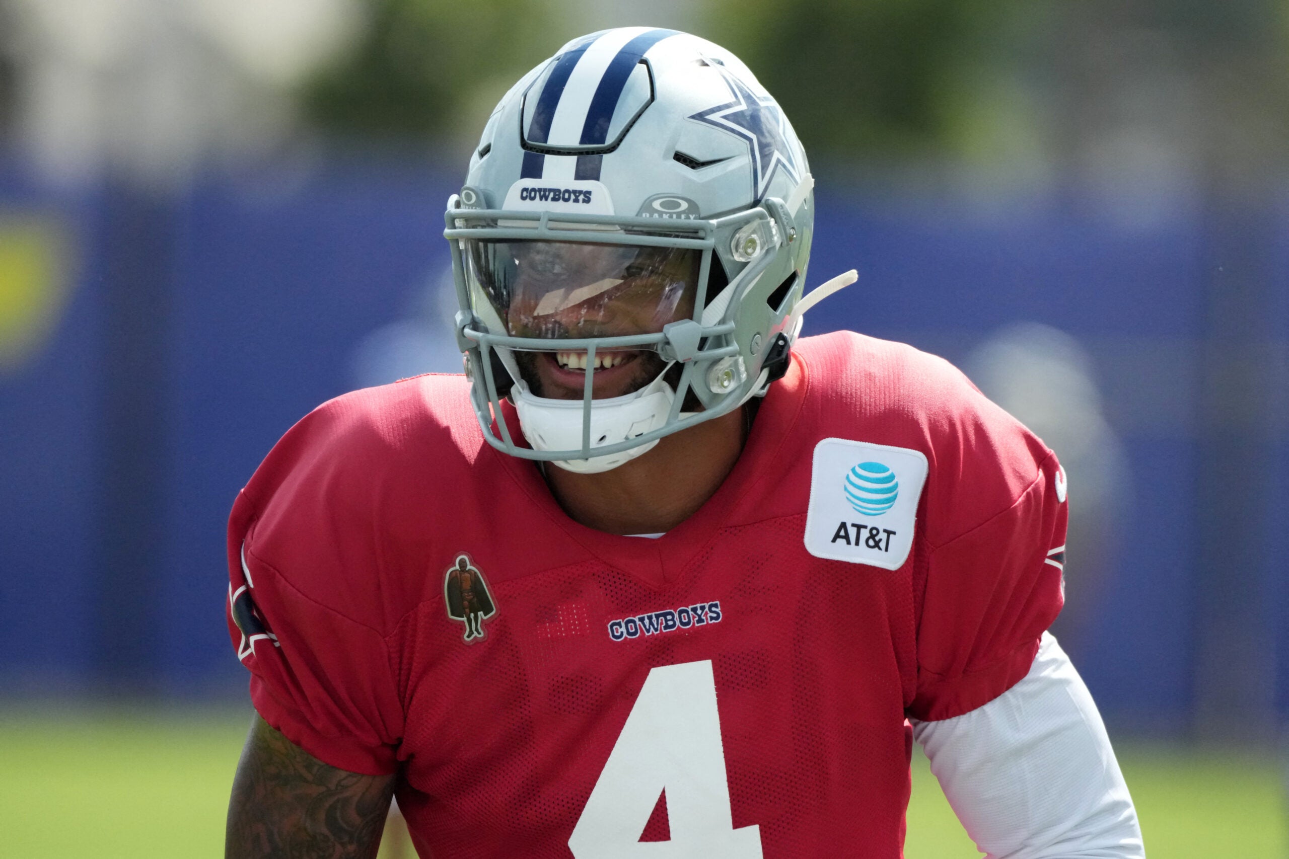 Aug 11, 2026; Woodland Hills, CA, USA; Dallas Cowboys quarterback Dak Prescott (4) reacts during a joint practice against the Los Angeles Rams at the Rams Practice Facility.