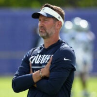 Aug 11, 2026; Woodland Hills, CA, USA; Dallas Cowboys head coach Brian Schottenheimer reacts during a joint practice against the Los Angeles Rams at the Rams Practice Facility.