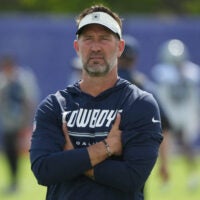 Aug 11, 2026; Woodland Hills, CA, USA; Dallas Cowboys head coach Brian Schottenheimer reacts during a joint practice against the Los Angeles Rams at the Rams Practice Facility.