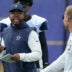 Aug 11, 2026; Woodland Hills, CA, USA; Dallas Cowboys defensive coordinator Christian Parker (left) and Los Angeles Rams head coach Sean McVay react during a joint practice at the Rams Practice Facility.