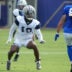 Aug 11, 2026; Woodland Hills, CA, USA; Dallas Cowboys safety Caleb Downs (13) defends against Los Angeles Rams tight end Tyler Higbee (89) during a joint practice at the Rams Practice Facility.