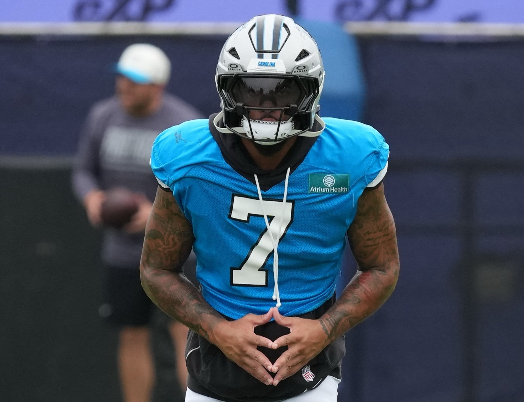 Aug 4, 2026; Charlotte, NC, USA; Carolina Panthers safety Tre'von Moehrig (7) during training camp at Bank of America Stadium.
