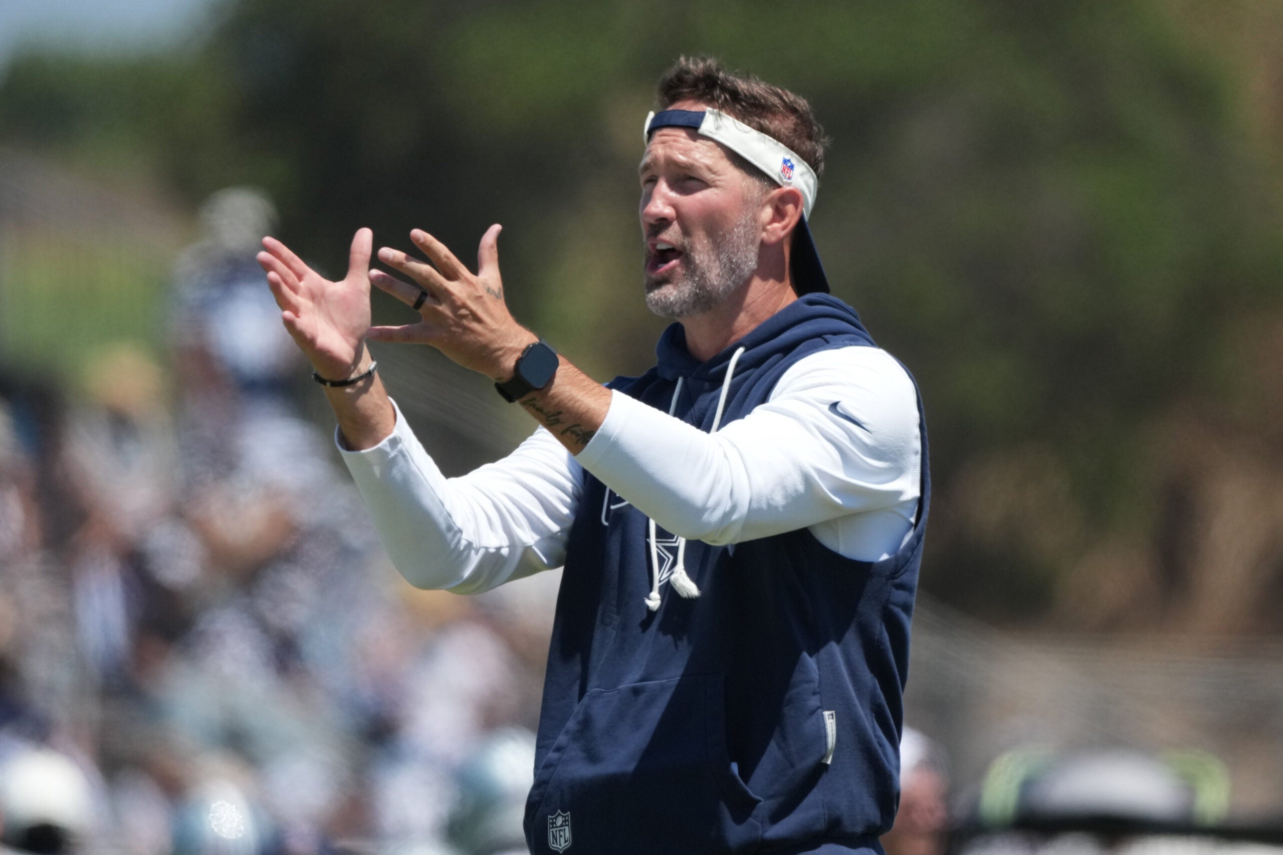 Aug 1, 2026; Oxnard, CA, USA; Dallas Cowboys coach Brian Schottenheimer at training camp at River Ridge Playing Fields.