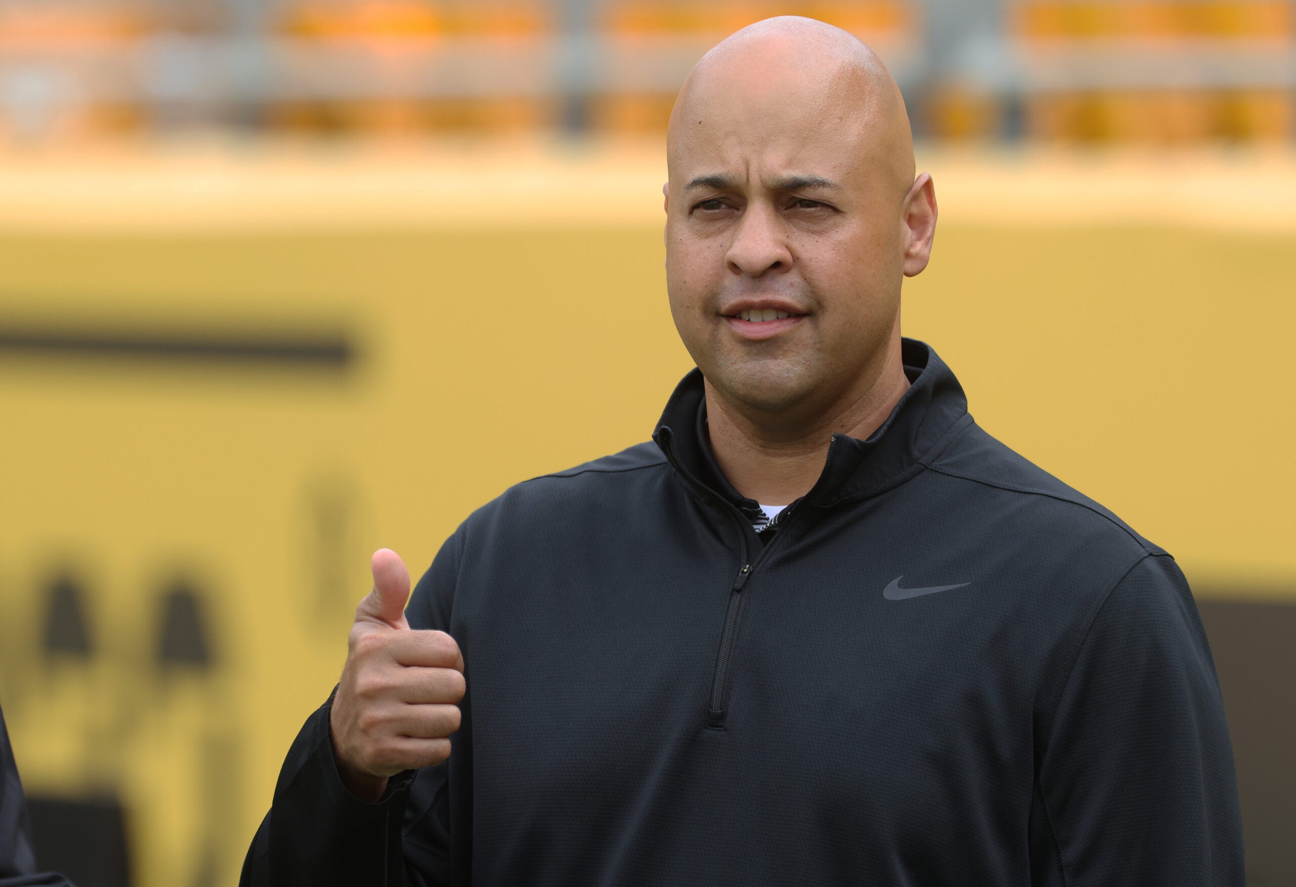 Aug 13, 2026; Pittsburgh, Pennsylvania, USA; Pittsburgh Steelers general manager Omar Khan looks on before the game against the Green Bay Packers at Acrisure Stadium.