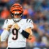 Aug 13, 2026; Cincinnati, Ohio, USA; Cincinnati Bengals quarterback Joe Burrow (9) adjusts his helmet during a stop in play in the first half against the Detroit Lions at Paycor Stadium.