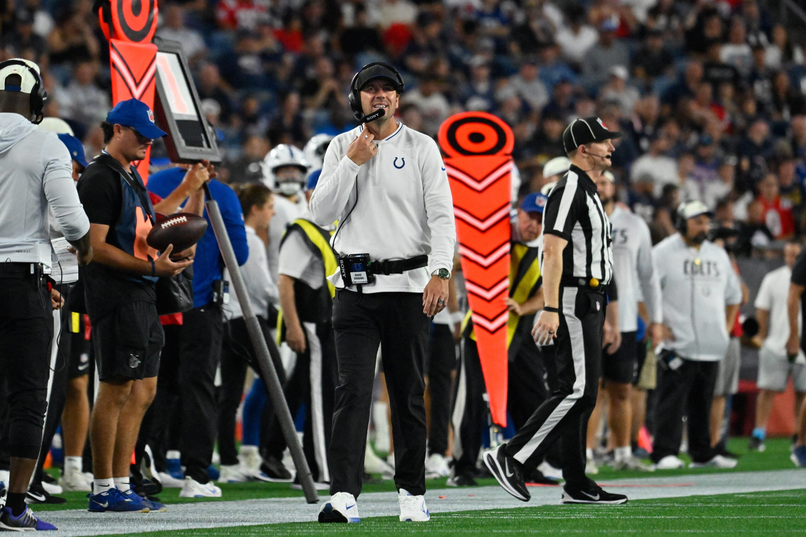 Aug 13, 2026; Foxborough, Massachusetts, USA; Indianapolis Colts head coach Shane Steichen looks on from the sideline during the first half against the New England Patriots at Gillette Stadium.