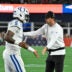 Aug 13, 2026; Foxborough, Massachusetts, USA; Indianapolis Colts head coach Shane Steichen celebrates quarterback Anthony Richardson Sr. (5) for making a touchdown against the New England Patriots during the first half at Gillette Stadium.